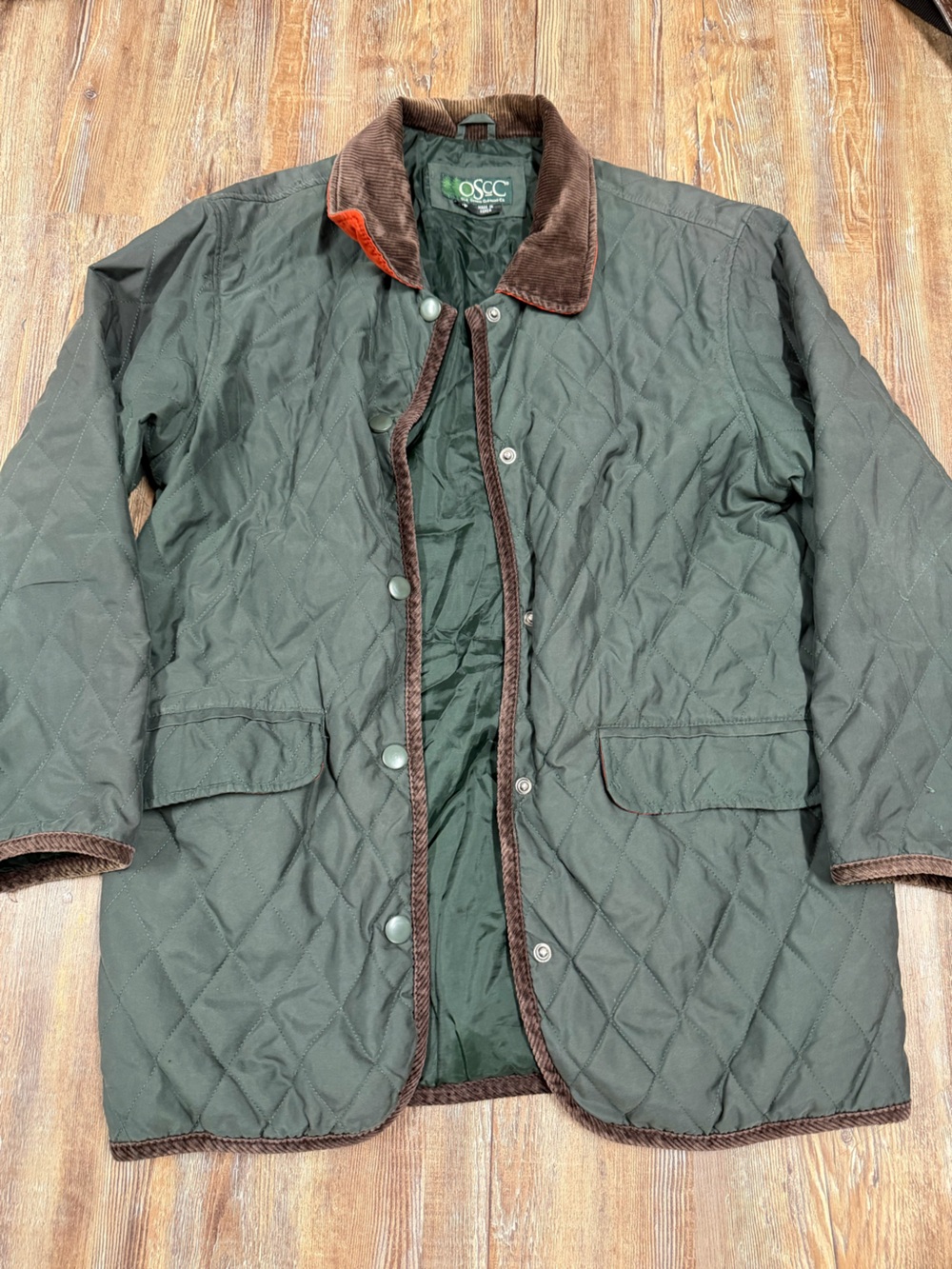 OSSC vintage green quilted jacket with brown corduroy trim, size S